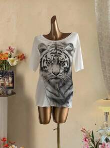 Attitoon 休闲复古街头风格老虎素描肖像图案超大不对称领口短袖T恤女款，适合夏季、音乐节、Y2K