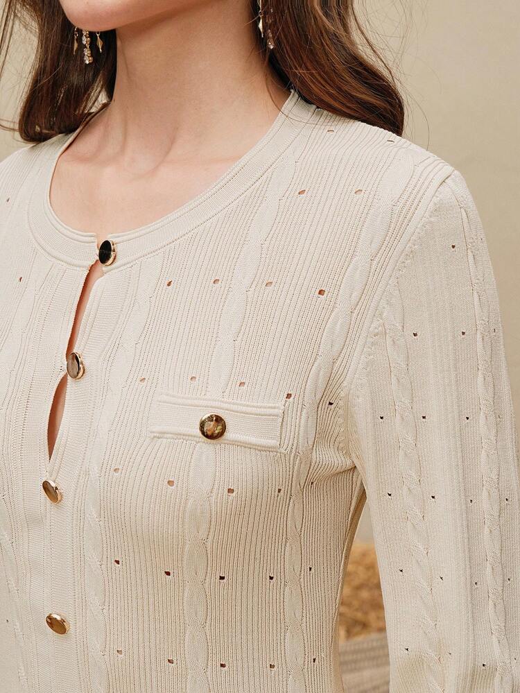 Elegant Solid Color Knitted Heavy Perforated Twist Rope Aran Cable Knit Long Sleeve Frill Trim Handmade Buttoned Pleated Fishtail Dress For Women