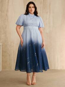 Anewsta Plus Size Women's Elegant Purple Ombre Bubble Embroidery Dress, Spring/Summer - Blue - View 3