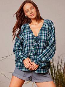 WESTFADE Blusa de mangas farol largas con cuello en V, lazada y estampado de cuadros al estilo occidental para Nashville - Verde Oscuro - Ver 3