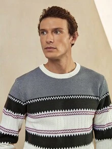 Manfinity CityGents 男士 Old Money 休闲拼色条纹毛衣，秋冬男士毛衣 男士条纹毛衣 男士图案针织衫 男士针织上衣 男士毛衣上衣 男士针织套头衫 - 彩色 - 查看 6