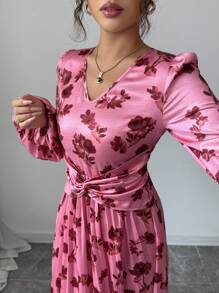 Modelyn 法式收腰V领灯笼袖连衣裙 - 彩色 - 查看 3