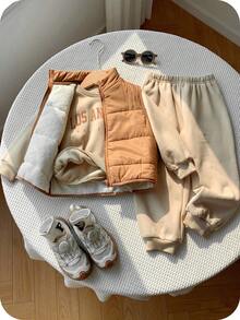 SHEIN 3pcs/Set Young Boy Back To School Casual Comfortable Versatile Quilted Coat, Crew Neck Sweatshirt, And Pants Tracksuit Set, Winter, Fall Clothes - Apricot - View 3