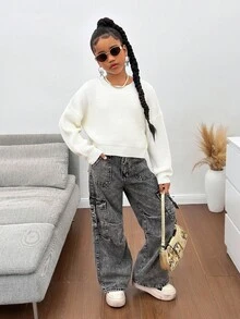 SHEIN Suéter de cuello redondo de manga larga, de corte holgado y texturizado, para niña preadolescente - Beis - Ver 3