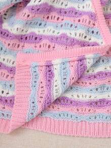 Tween Girls' Cute Colorblock Cardigan Pink Stripe,Autumn,Holiday,Back-To-School Wave Pattern Hollow-Knit Flared Sleeve Sheer Cropped Sweater Cover-Up - Multicolor - View 6