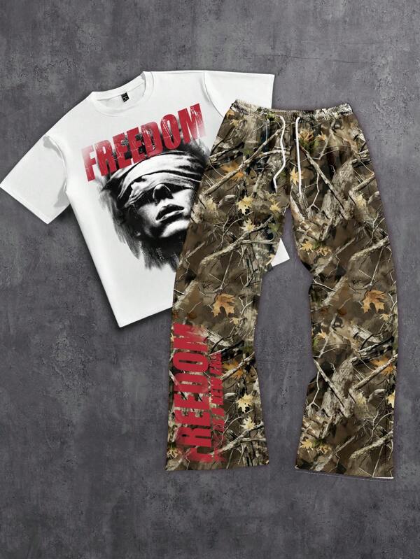 Manfinity ZONE917 Ensemble t-shirt à manches courtes et pantalon homme, style décontracté, motif camouflage portrait humain fantomatique d'Halloween