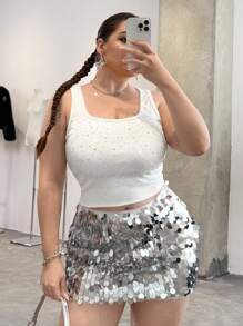 SHEIN EZwear Áo tank top cỡ lớn đính đá lấp lánh, kiểu dáng thanh lịch, thích hợp cho kỳ nghỉ, công sở, tiệc trưa, phong cách Fairycore, đi concert, câu lạc bộ, gợi cảm, thời trang, mặc hàng ngày mùa hè/xuân. - trắng - Xem 6