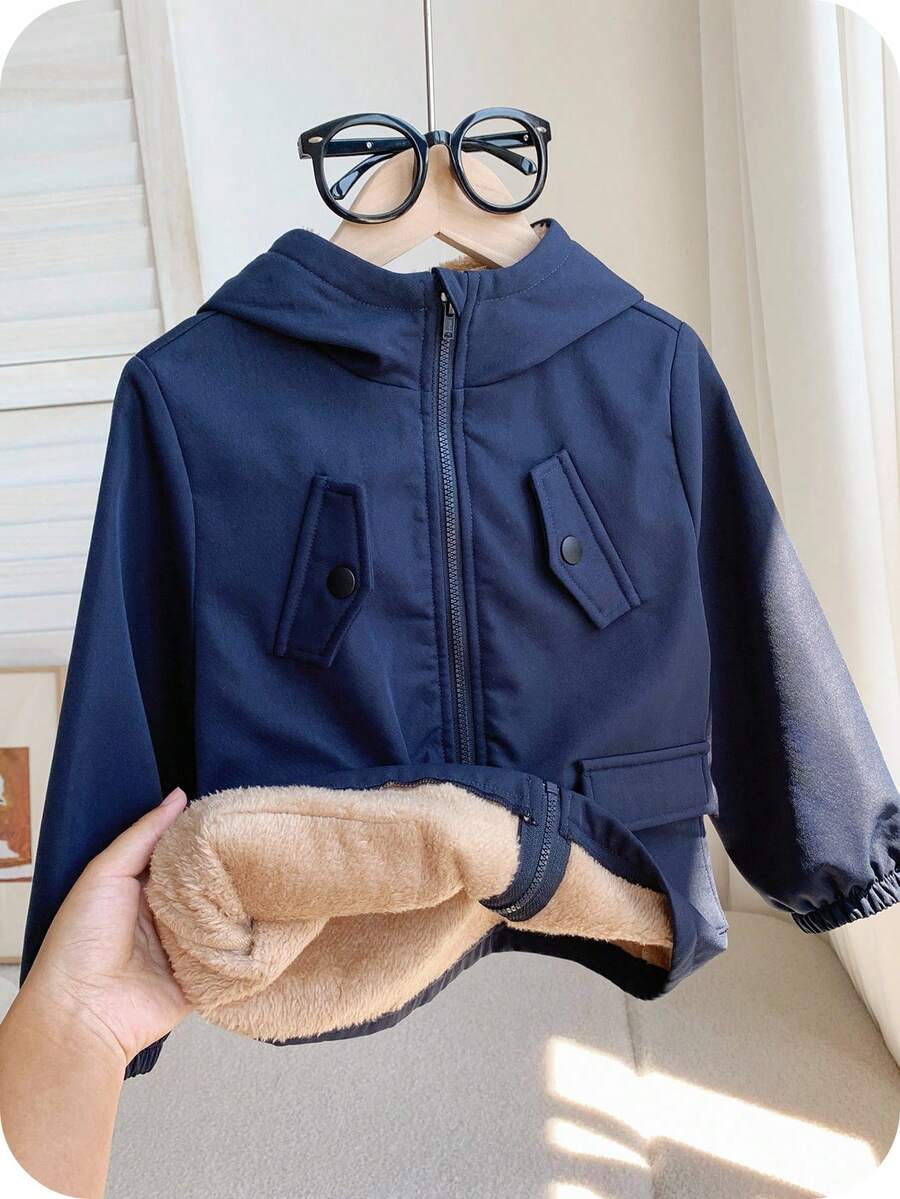 SHEIN 男童海军蓝拉绒休闲厚垫连帽夹克，适合返校、秋冬季穿着 - 藏蓝色 - 查看 1