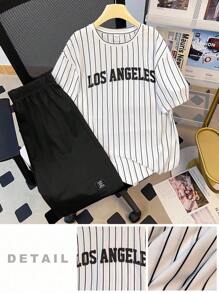 SHEIN 青少年男孩休闲、舒适、时尚、百搭、可爱、柔软条纹短袖 T 恤和短裤套装，适合日常穿着、上学、郊游、运动、度假和派对 - 黑色 - 查看 3