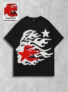 ROMWE MEN Street Life Men Embroidered Round Neck Short Sleeve T-Shirt, Unisex Couple Tee For Summer, 2000s Style - Black - View 2