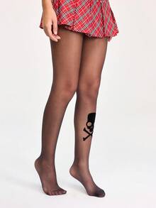 ROMWE Grunge Punk 1 Pair Sexy Skeleton Print Tights, Y2K Minimalist Style Solid Black Pantyhose, Super Thin Elastic Sheer Leggings - Black - View 5