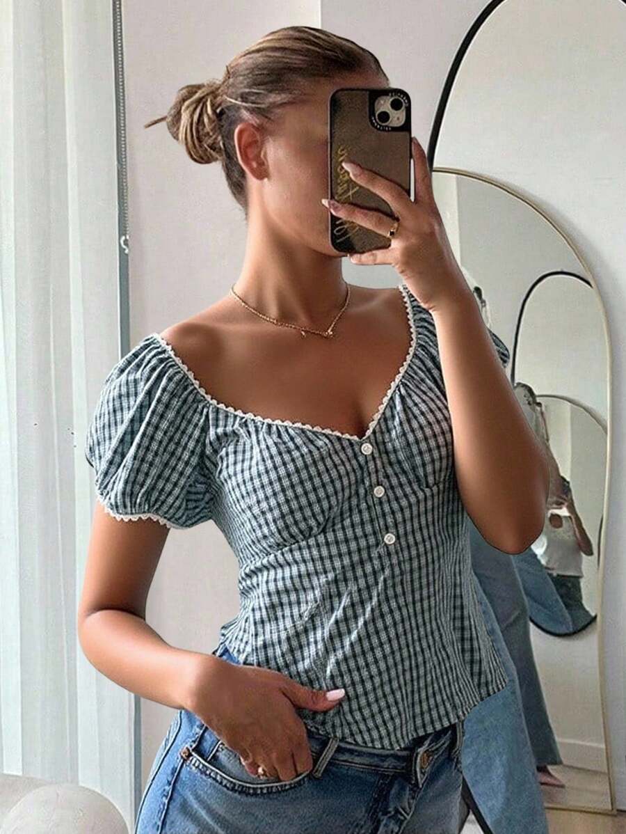 CovetEZ 女式蓝白格子梭织衬衫，夏季 - 藍色 - 查看 1