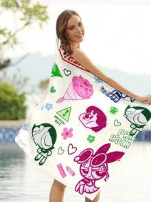 THE POWERPUFF GIRLS X SHEIN Thematisches schnell trocknendes und super saugfähiges Strandtuch, stilvoller leichter Multifunktionstuch, Schal & Poncho für Spa, Schwimmen, Strandurlaub, kompaktes tragbares Design - Beige - Übersicht 7