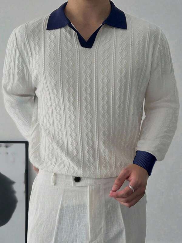 DAZY Pull polo en tricot texturé à couleurs contrastées et patchwork pour hommes en automne