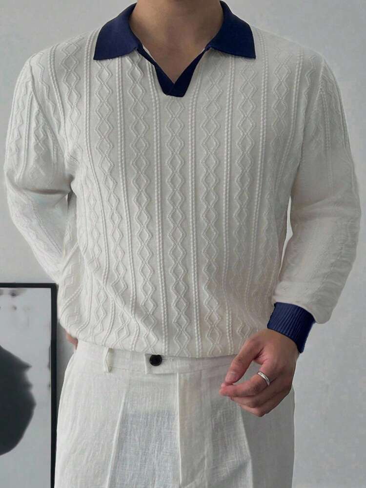 Men's Autumn Patchwork Contrast Color Textured Knit Polo Sweater