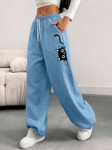 EURMUSE Pantalones de chándal con cordón y estampado de gato de dibujos animados para mujer de talla grande - Celeste - Ver 6
