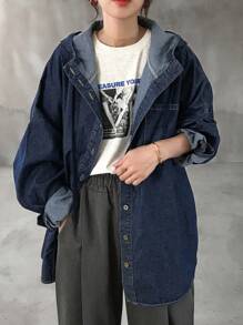 FRIFUL 女士休闲水洗落肩宽松连帽牛仔夹克