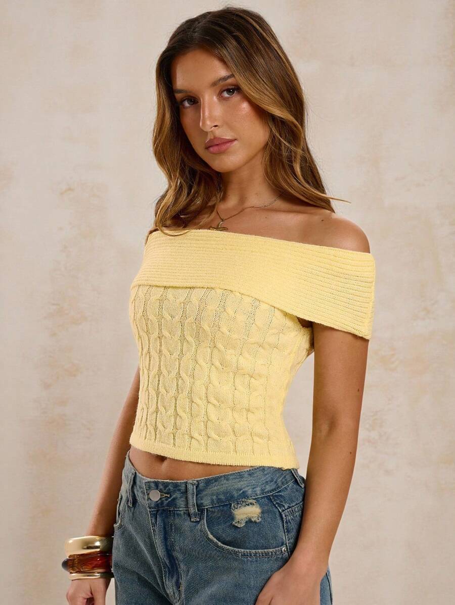 SHEIN BAE Summer Casual Solid Color Knitted Top,Cute,Streetwear,Basic Tops,Knit Sweater,Back To School,Off The Shoulder Sweater,Cute Sweater,Cropped Sweater,Fall For Women,Fall Sweaters,Off The Shoulder Sweater,Off Shoulder Sweater,Fall For Women,Fall Sweaters,Fall Women,Halloween Sweater - Yellow - View 1