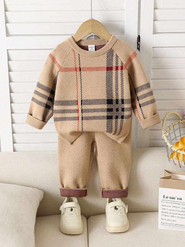 Souflis Souflis 2pcs/Set Striped Jacquard Crew Neck Long Sleeve Top And Pants, Casual Slim Fit Baby Boy Beige Outfit Baby Boy Fall Winter Outfit Checked Baby Clothes Autumn Winter Two Piece Suit Baby Boy Plaid Outfit Autumn And Winter Two Piece Suit Baby Boy Fall Outfit Baby Boy Beige Plaid Outfit Autumn Winter Two Piece Baby Outfit Beige Plaid Baby Set Baby Boys Winter Clothes Baby Boys Fall Clothes Baby Boys Fall Outfits