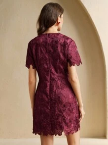 Anewsta 女式圆领法式复古刺绣短袖束腰连衣裙 - 紫色 - 查看 7