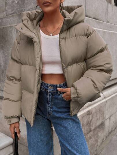 EURMUSE Winter Jacket For Women With Hood And Pockets ,Plaid Woven Fashion Coat Solid High Street, Warm And Thick