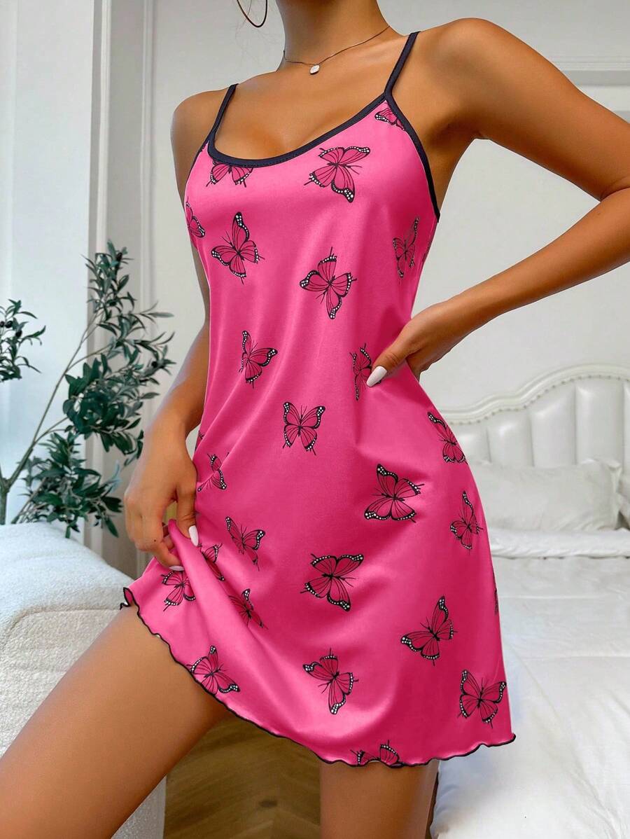 SHEIN Casual Underwear&Sleepwear 休闲蝴蝶印花吊带睡袍,夏季 - 玫瑰紅 - 查看 1