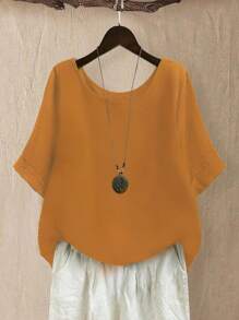 Linhara Plus Size Women Fall Casual/Everyday/Outdoor/Minimalist/Vacation Solid Textured Top, Spring/Summer - Orange - View 1