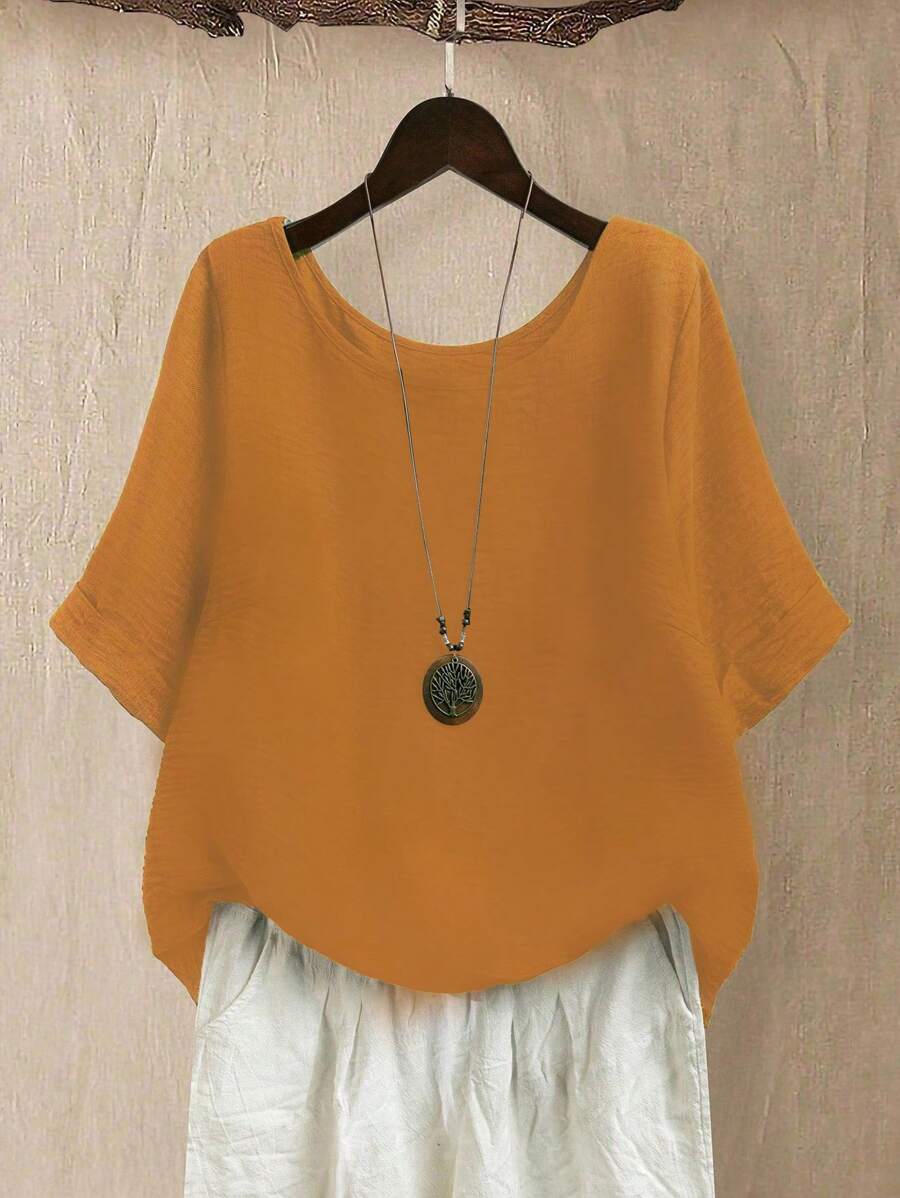 Linhara Plus Size Women Fall Casual/Everyday/Outdoor/Minimalist/Vacation Solid Textured Top, Spring/Summer - Orange - View 1