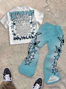 SHEIN Bolty Tween Boy Casual Classic Cool Character Portrait & Text Print Crew Neck T-Shirt, Star Print Flare Pants 2 Pieces Set, Suitable For Summer - Multicolor - View 3