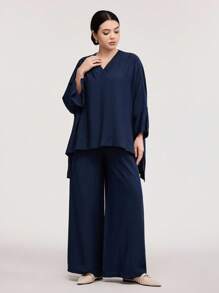 Veilorie Burgundy Red Women Leisurely Solid Color Batwing Short Front Long Back Top And Wide Leg Pants Two-Piece Set - Navy Blue - View 3