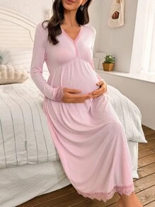 SHEIN BloomMama Maternity Elegant French Lace Trim Loose Long Sleeve Nightgown, Fall, Winter