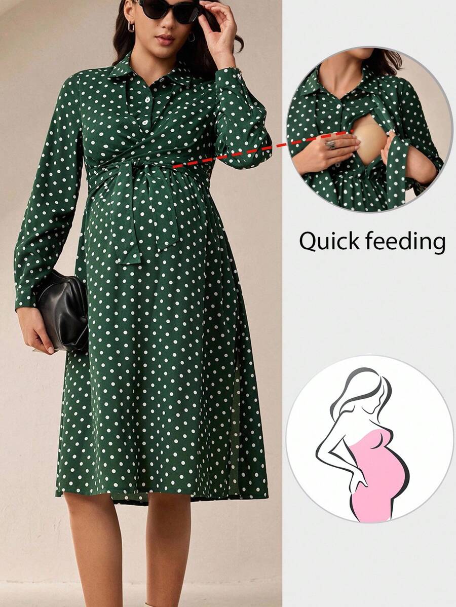 MaterniWear Đầm sơ mi thường ngày in họa tiết chấm bi tay dài buộc eo cho phụ nữ mang thai - màu xanh lá - Xem 1