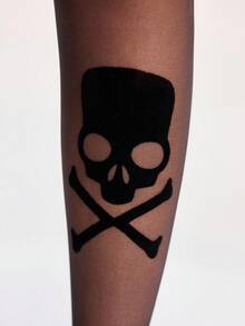 ROMWE Grunge Punk 1 Pair Sexy Skeleton Print Tights, Y2K Minimalist Style Solid Black Pantyhose, Super Thin Elastic Sheer Leggings - Black - View 3