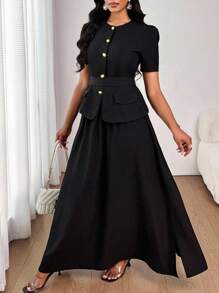 SHEIN Lady 优雅通勤纯色复古腰带夹克和裙子套装金属扣老钱风格女士早午餐装女士优雅装