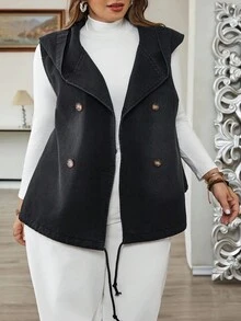 SHEIN CURVE+ 大码休闲双排扣连帽无袖牛仔夹克 - 黑色 - 查看 5