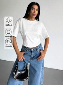 EURMUSE Women, Autumn, Spring, Short Sleeve, Round Neck, Dart Stitch, White, - White - View 1