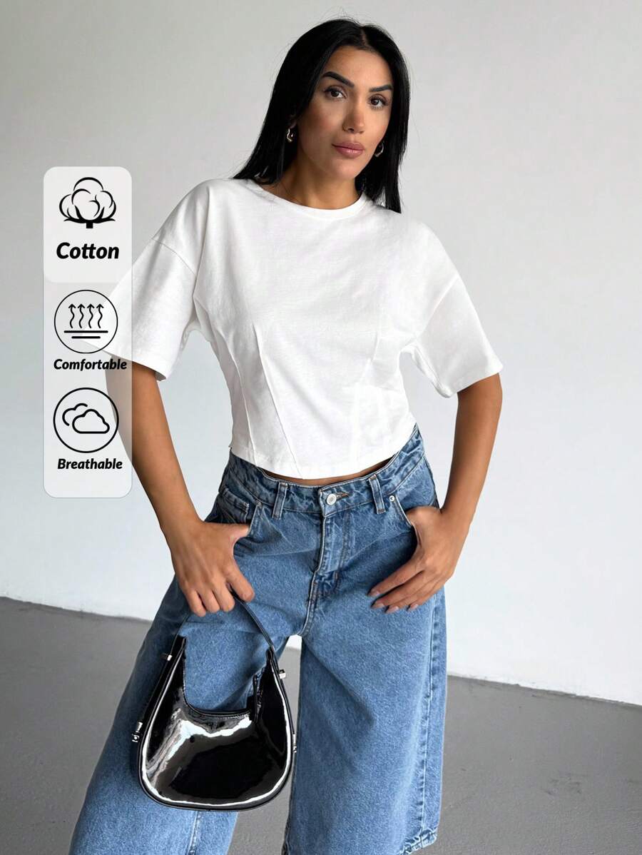 EURMUSE Women, Autumn, Spring, Short Sleeve, Round Neck, Dart Stitch, White, - White - View 1