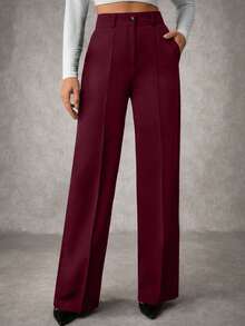EURMUSE Women's Solid Pleated Seam Detailed Suit Pants - Burgundy - View 7