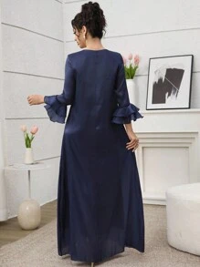 SHEIN Najma Women's V-Neck Beaded Floral Double Ruffle Sleeve Arabic Style Dress, Spring/Summer - Navy Blue - View 7