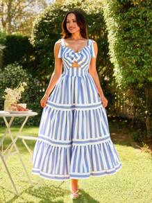 SHEIN VCAY Women Casual Minimalist Sleeveless Dress, Suitable For Daily Wear,Vacation Outfits Woman,Vacation,Cut Out Dress,Bow Dress,Elegant,Vacation Outfits Woman,Summer Outfits For Women,Cute Summer Dress - Blue and White - View 4