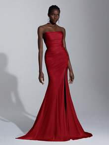 Elitara Solid Color Pleated Elegant Strapless High Slit Satin Wedding Dress - Burgundy - View 5