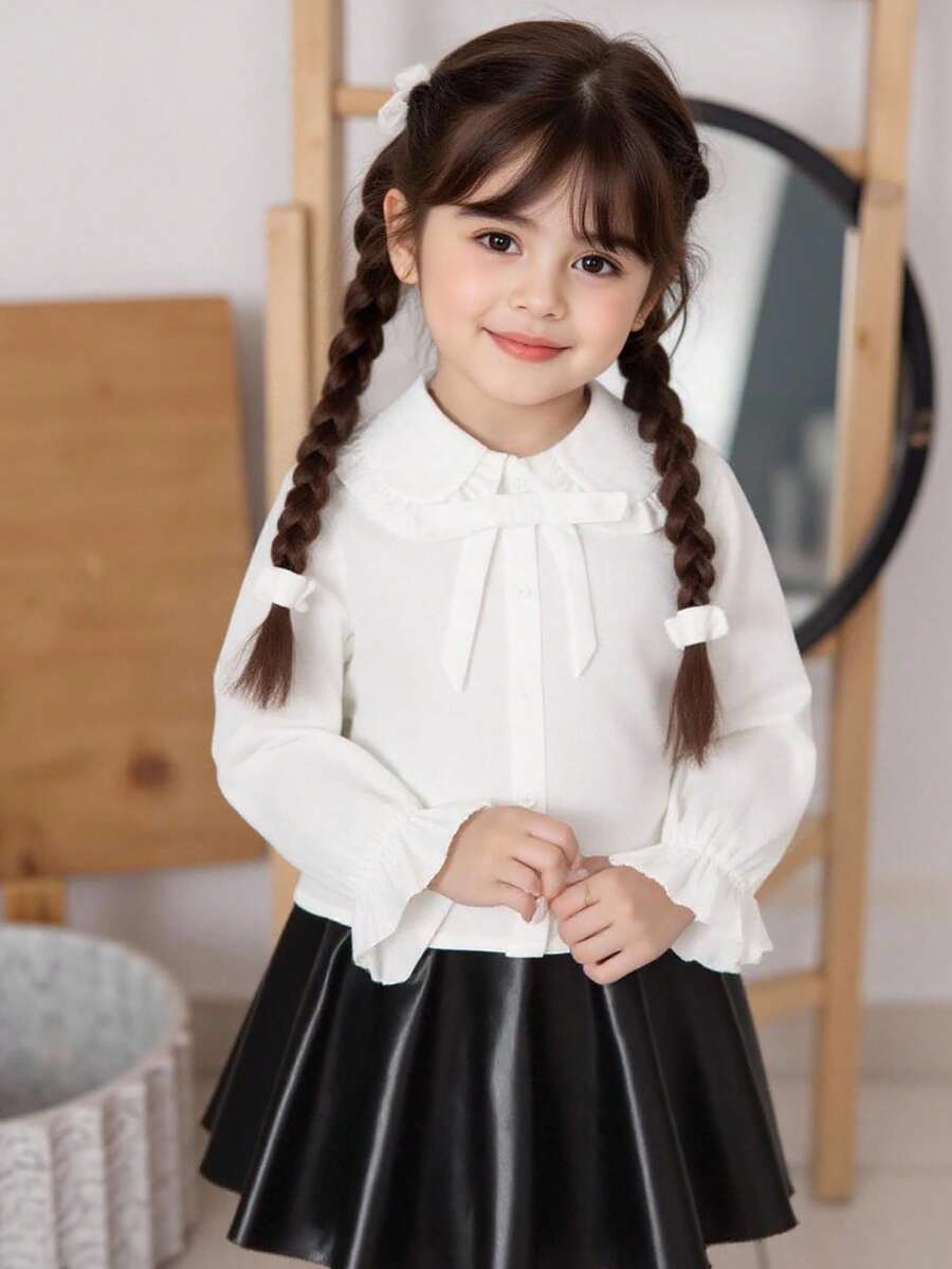 Set de 2 piezas de camisa casual de unicolor tejida y minifalda PU para niña joven - Blanco - Ver 1