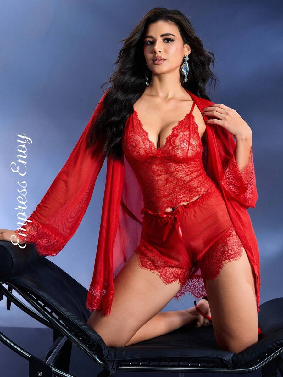 4개/세트 섹시한 란제리, 무선 캐미솔, 보이 숏, 로브, 허리 벨트 포함 - 레드 - 보기 1