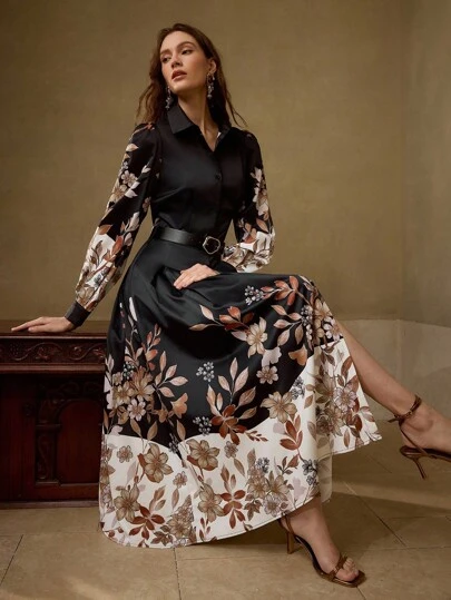 MOTF PREMIUM FLORAL PRINT BELTED DRESS