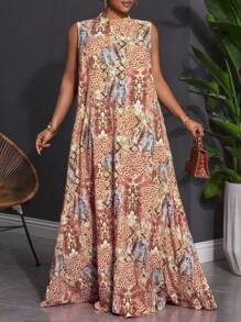 Slaydiva 2025 Spring/Summer Plus Size Sleeveless Floral Print A-Line Casual Dress With Pockets,Elegant Brown Boho Vacation Holiday Women's Maxi Flowy Dress - Multicolor - View 1