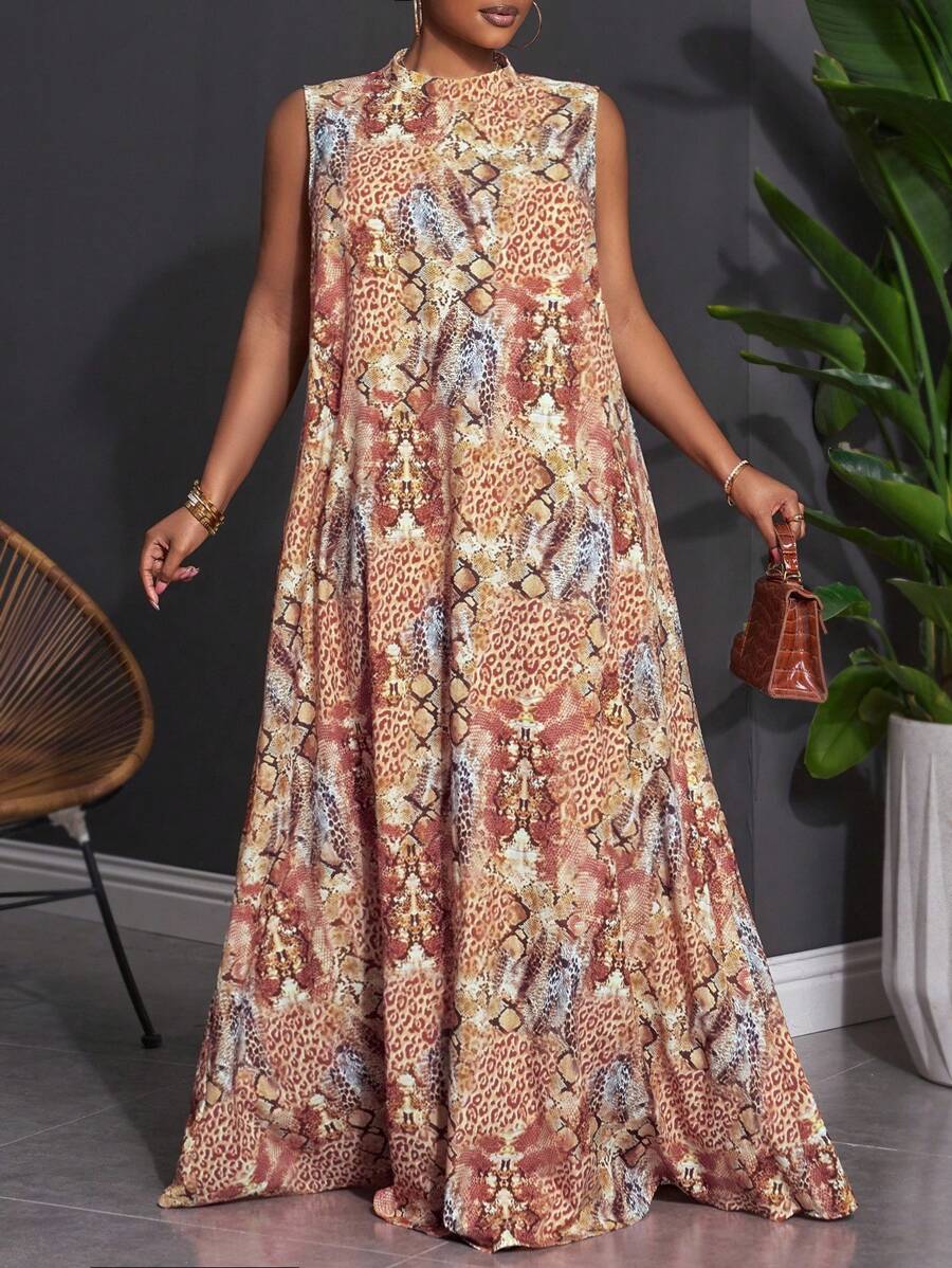 Slaydiva 2025 Spring/Summer Plus Size Sleeveless Floral Print A-Line Casual Dress With Pockets,Elegant Brown Boho Vacation Holiday Women's Maxi Flowy Dress - Multicolor - View 1