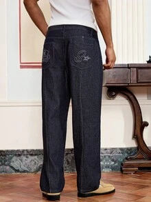 SWAVVY 男士修身休闲长款直筒牛仔裤 - 深色水洗藍 - 查看 2