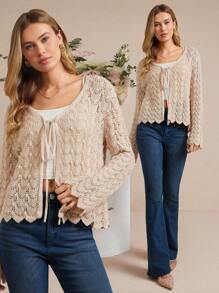 SHEIN Amorya 女士纯色条纹镂空袖轻薄棉质针织开衫，防晒外套，女士返校服装，音乐会返校节服装，女士办公室服装，教师服装，夜间外出教堂服装，女士早午餐服装，女士生日礼服，女士婚礼宾客礼服，女士秋冬服装 - 卡其色 - 查看 2