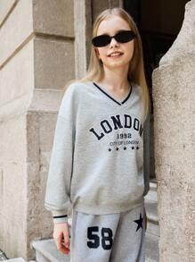 SHEIN V-Neck Long Sleeve Letter Print Sweatshirt, Casual Navy Blue School Jacket, Autumn Back-To-School Collegiate Style Tween Tops, Tween Girl Sportswear - White - View 7