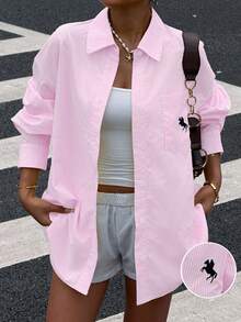 SHEIN EZwear 女士刺绣装饰粉色条纹宽松长袖衬衫 粉色条纹衬衫 粉色马刺绣衬衫 - 粉色 - 查看 3